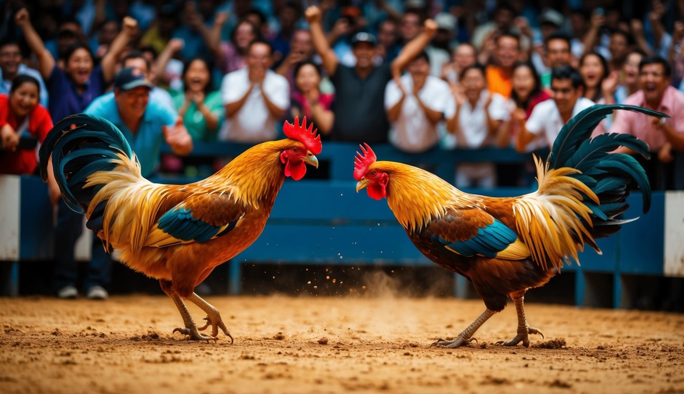 Sebuah arena yang ramai dengan dua ayam jantan yang berhadapan dalam pertarungan ayam yang panas, dikelilingi oleh penonton antusias yang mendukung burung kesayangan mereka