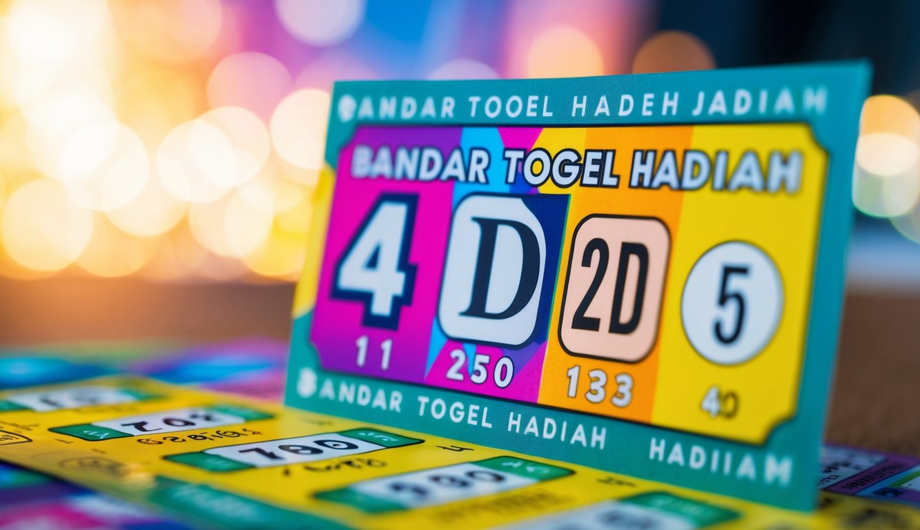 Sebuah tiket lotere berwarna-warni dengan angka 4D dan kata "Bandar Togel Hadiah" ditampilkan dengan mencolok