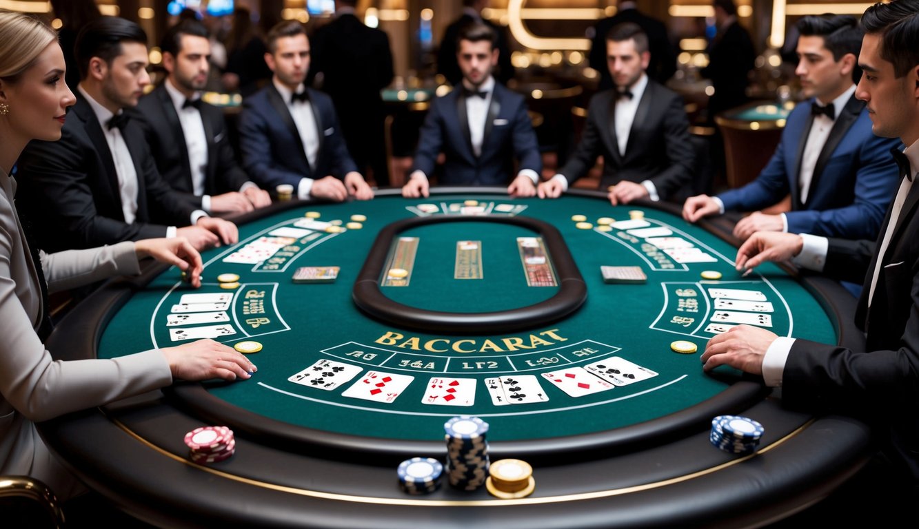 Sebuah meja baccarat yang ramping dan elegan, dikelilingi oleh pemain di lingkungan kasino yang mewah, dengan kartu dan chip yang disusun untuk permainan.