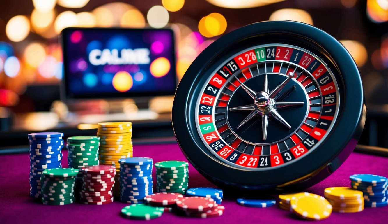 Sebuah roda roulette yang ramping berputar di antarmuka kasino online yang cerah, dikelilingi oleh chip taruhan berwarna-warni dan latar belakang yang bergaya