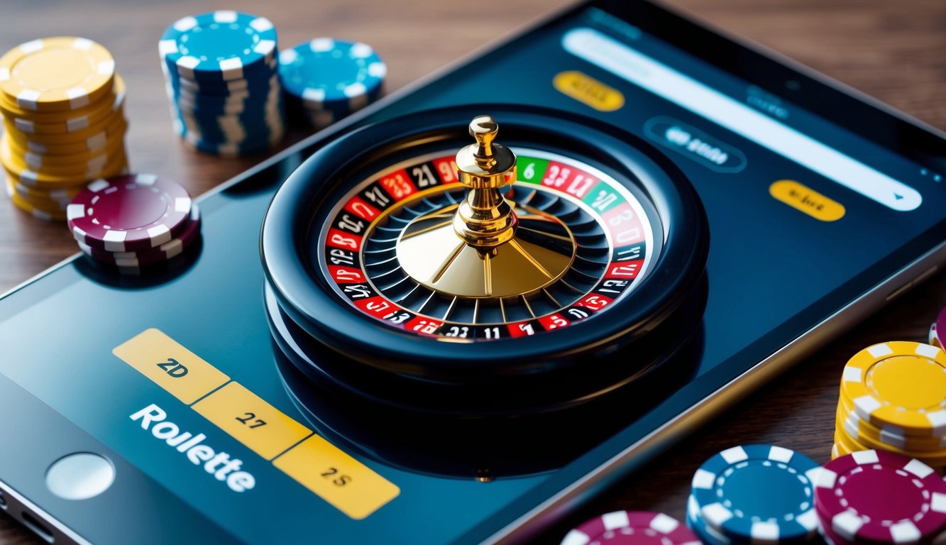 Sebuah roda roulette online kecil berputar di layar digital, dikelilingi oleh chip berwarna-warni dan antarmuka taruhan yang ramping.