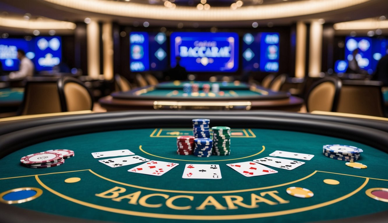 Sebuah meja baccarat online yang ramping dan modern dengan kartu dan chip virtual, dikelilingi oleh latar belakang mewah dari kasino kelas atas