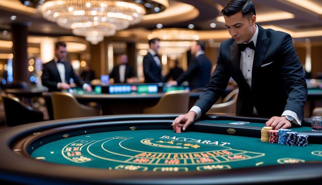 Sebuah setting kasino modern yang ramping dengan meja baccarat, dekorasi elegan, dan dealer langsung yang berinteraksi dengan pemain online