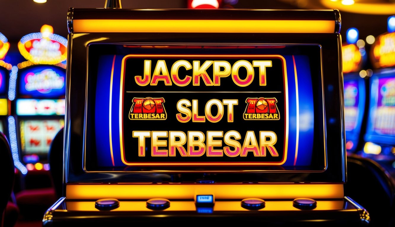 Mesin slot kasino yang terang benderang dengan kata-kata "Jackpot Toto Slot Terbesar" ditampilkan di layar, dikelilingi oleh lampu berkedip dan mesin slot lainnya