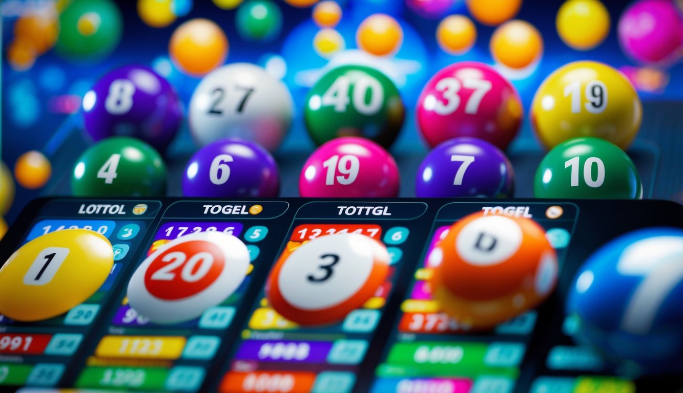 Antarmuka digital yang berwarna-warni dan cerah dengan berbagai bola lotto dan angka yang ditampilkan untuk platform perjudian Togel online