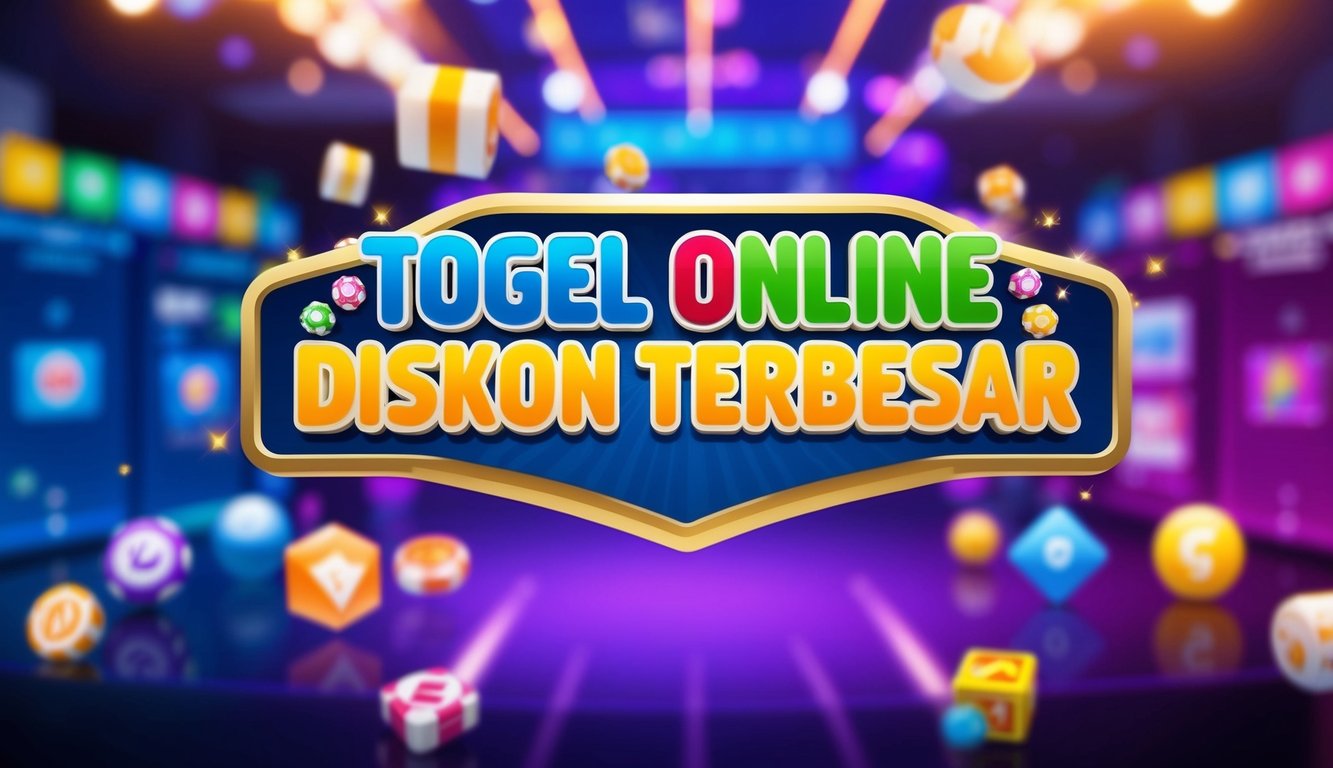 Antarmuka digital yang berwarna-warni dan hidup dengan spanduk mencolok "Togel Online Diskon Terbesar" dan berbagai ikon permainan