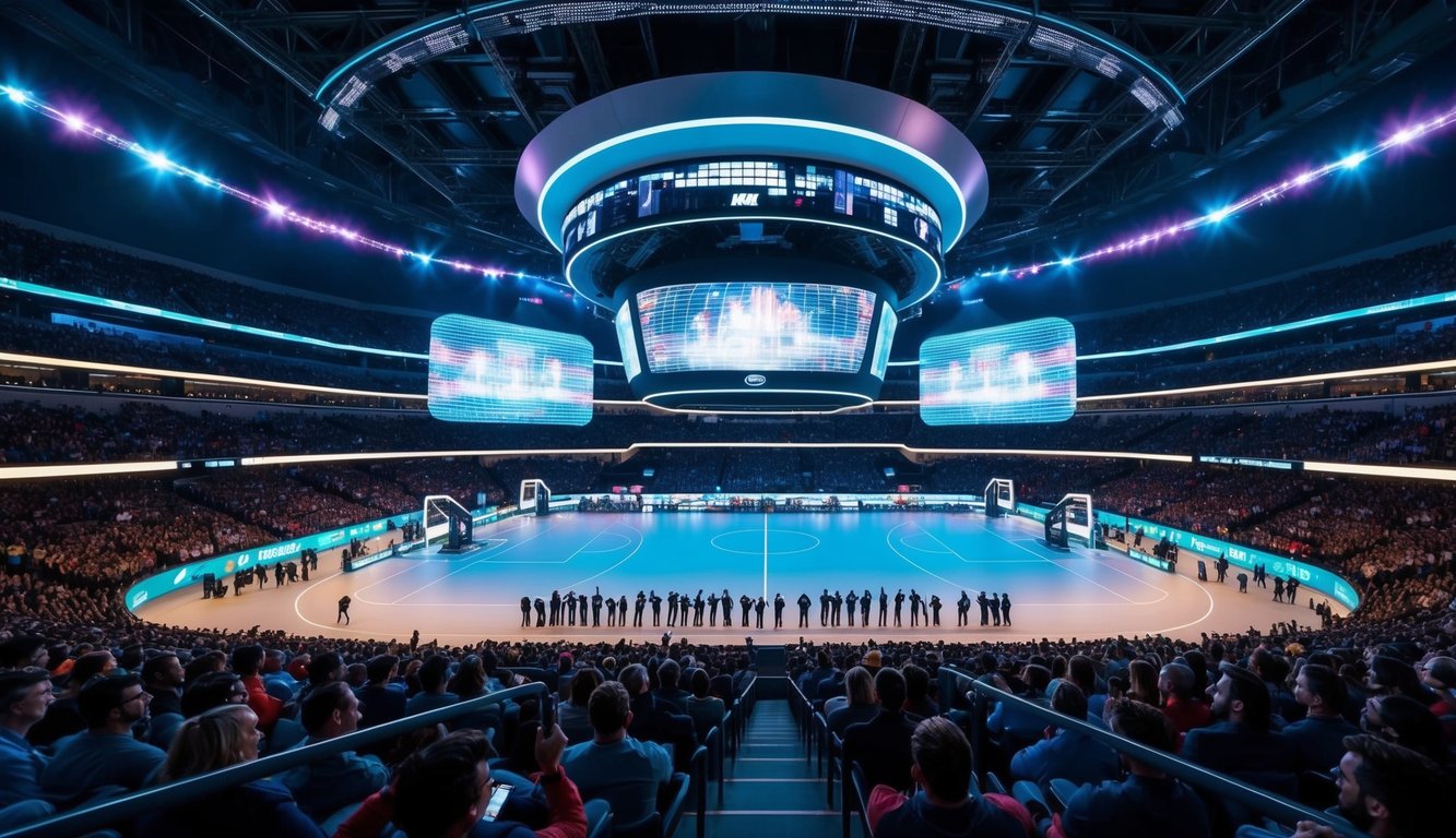 Sebuah arena olahraga futuristik dengan tampilan holografik dan arsitektur modern yang ramping, dikelilingi oleh kerumunan yang bersorak dan diterangi oleh lampu berwarna-warni