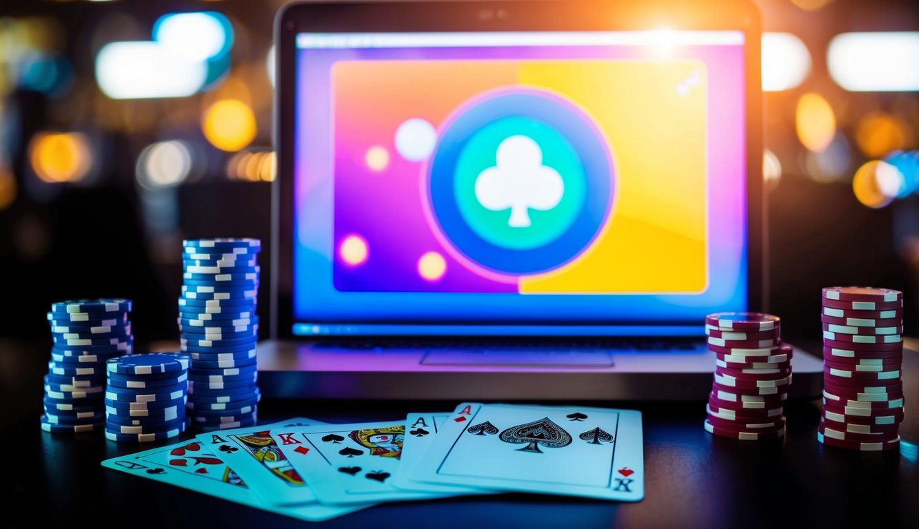 Sebuah layar komputer yang bersinar dengan grafik berwarna-warni, dikelilingi oleh tumpukan chip poker dan satu dek kartu