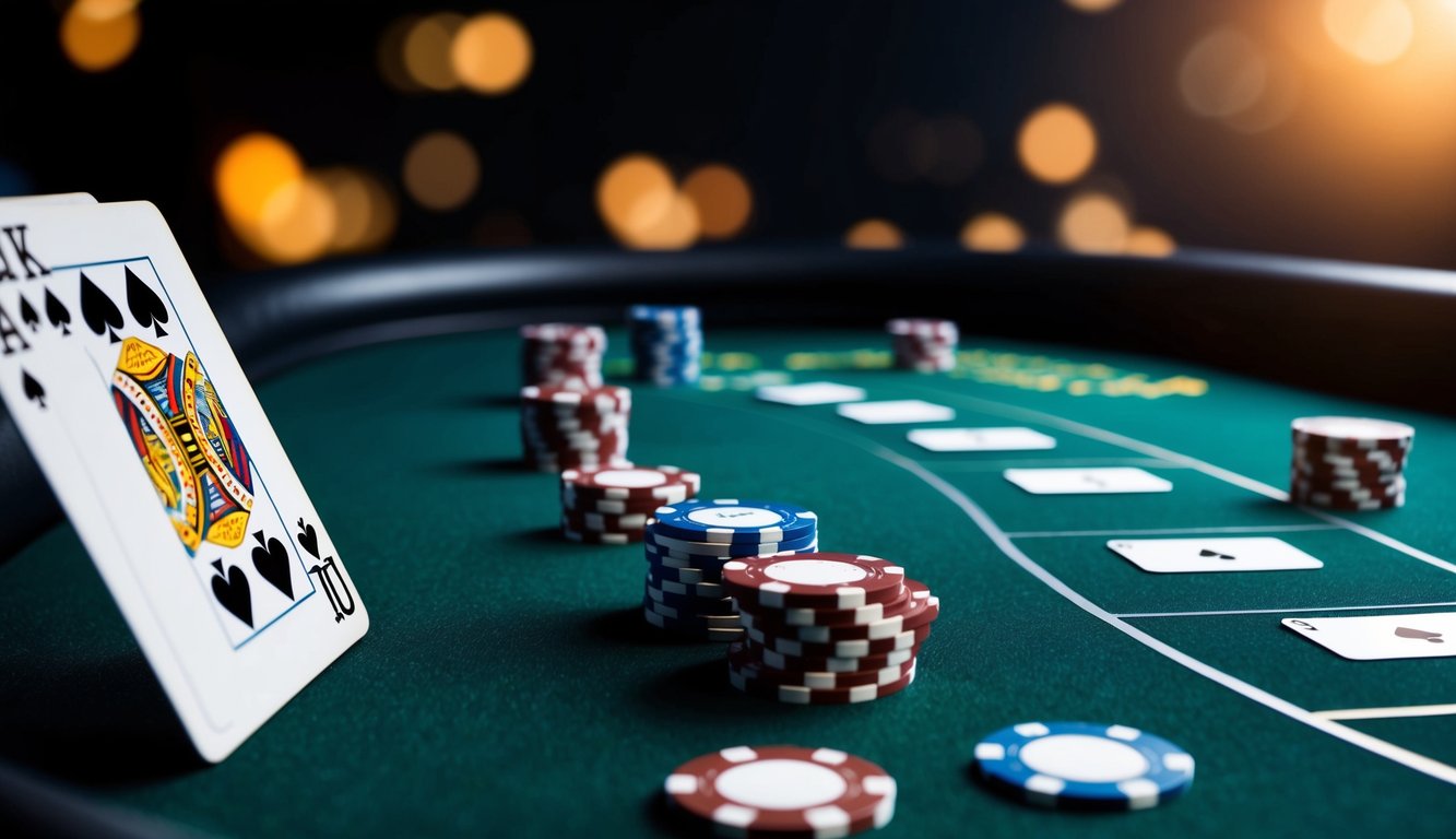 Sebuah meja blackjack online yang ramping dan modern dengan kartu dan chip virtual, diletakkan di latar belakang gelap dengan suasana yang profesional dan dapat dipercaya