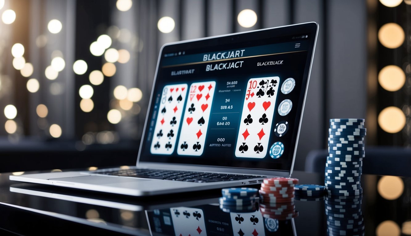 Sebuah meja blackjack online yang ramping dan modern dengan kartu dan chip virtual, dikelilingi latar belakang yang stylish dengan suasana profesional dan canggih.