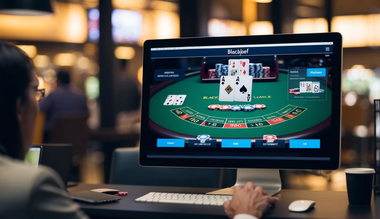 Sebuah layar komputer menampilkan tangan menang dalam permainan blackjack online, dengan chip dan kartu virtual