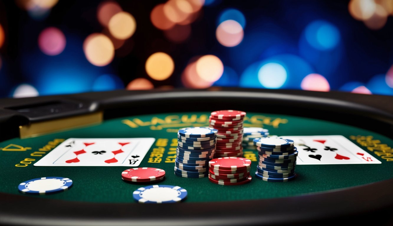 Sebuah meja blackjack digital dengan kartu dan chip, dikelilingi oleh latar belakang kasino virtual