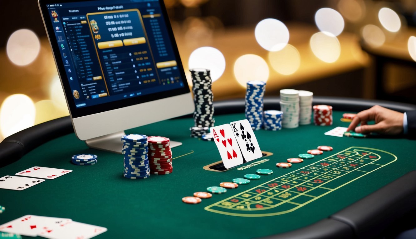 Sebuah meja blackjack digital dengan kartu dan chip, sebuah komputer atau perangkat seluler, dan seseorang yang bermain permainan secara online