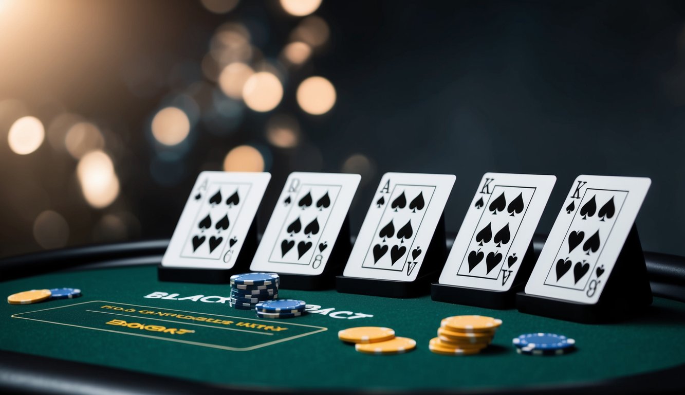 Sebuah meja blackjack online yang ramping dan modern dengan kartu dan chip virtual, ditempatkan di latar belakang gelap dengan nuansa profesional dan canggih