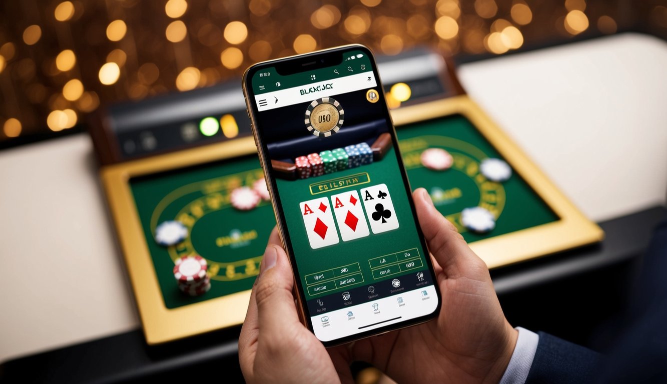 Sebuah smartphone menampilkan permainan blackjack, dengan kartu dan chip virtual di atas meja digital