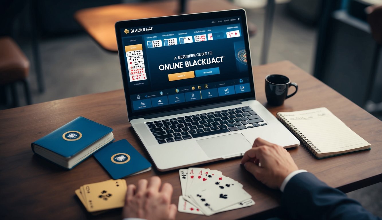 Panduan pemula untuk blackjack online, dengan laptop yang menampilkan antarmuka permainan, dikelilingi oleh setumpuk kartu dan buku catatan dengan catatan.