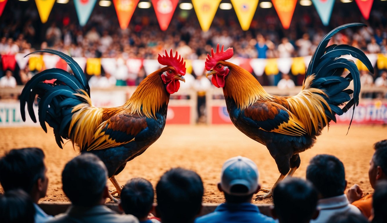 Sebuah arena yang ramai dengan dua ayam jantan yang bertarung sengit, dikelilingi oleh penonton yang bersorak dan spanduk berwarna-warni