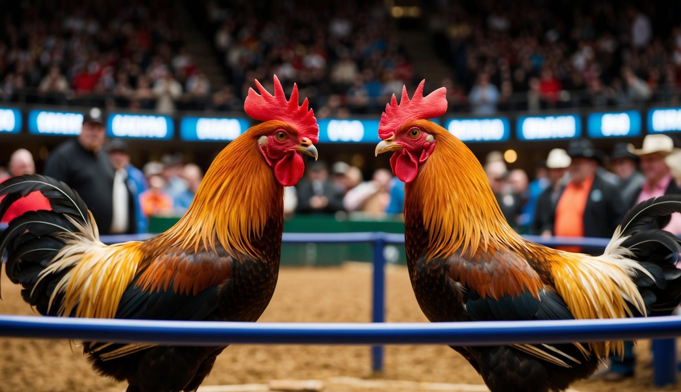 Dua ayam jantan berhadapan di arena yang ramai, dikelilingi oleh penonton yang antusias dan deretan kios taruhan