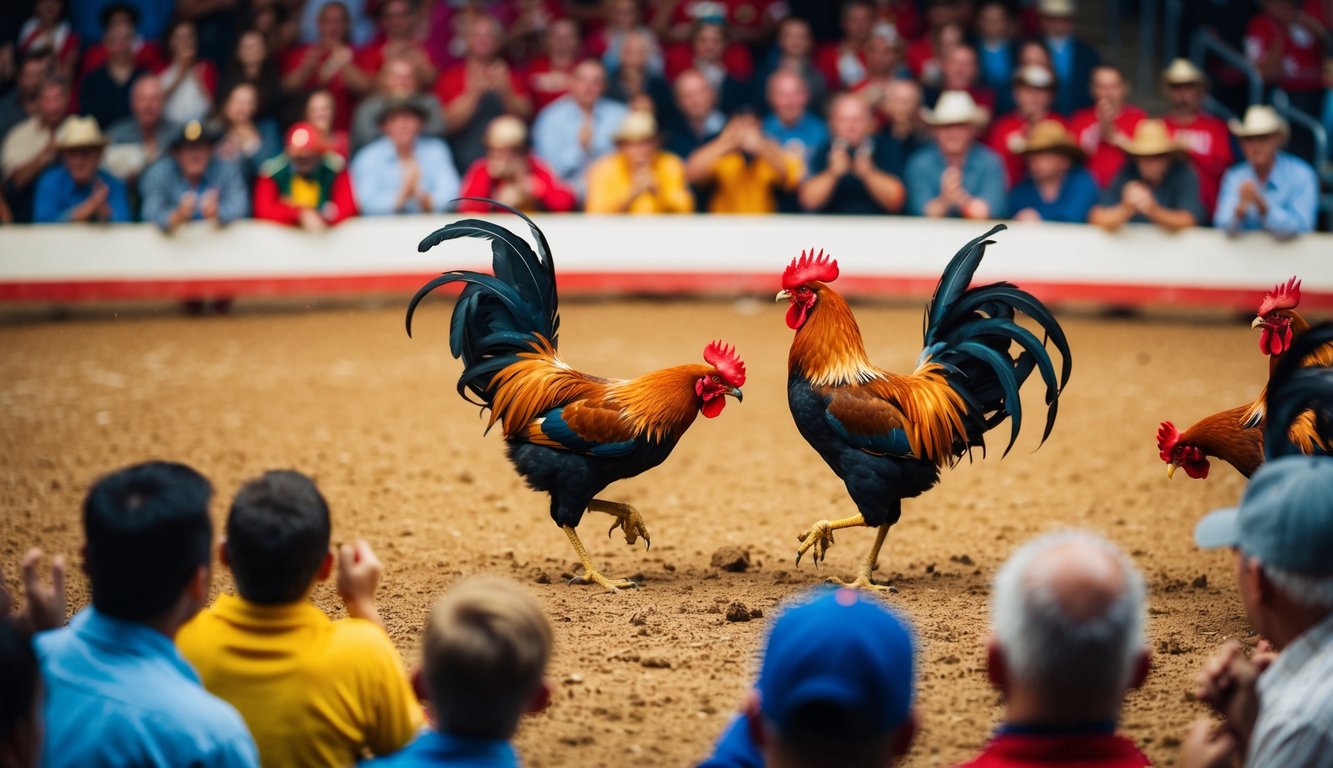 Sebuah arena yang ramai dengan ayam jantan bertarung, dikelilingi oleh penonton yang bersorak