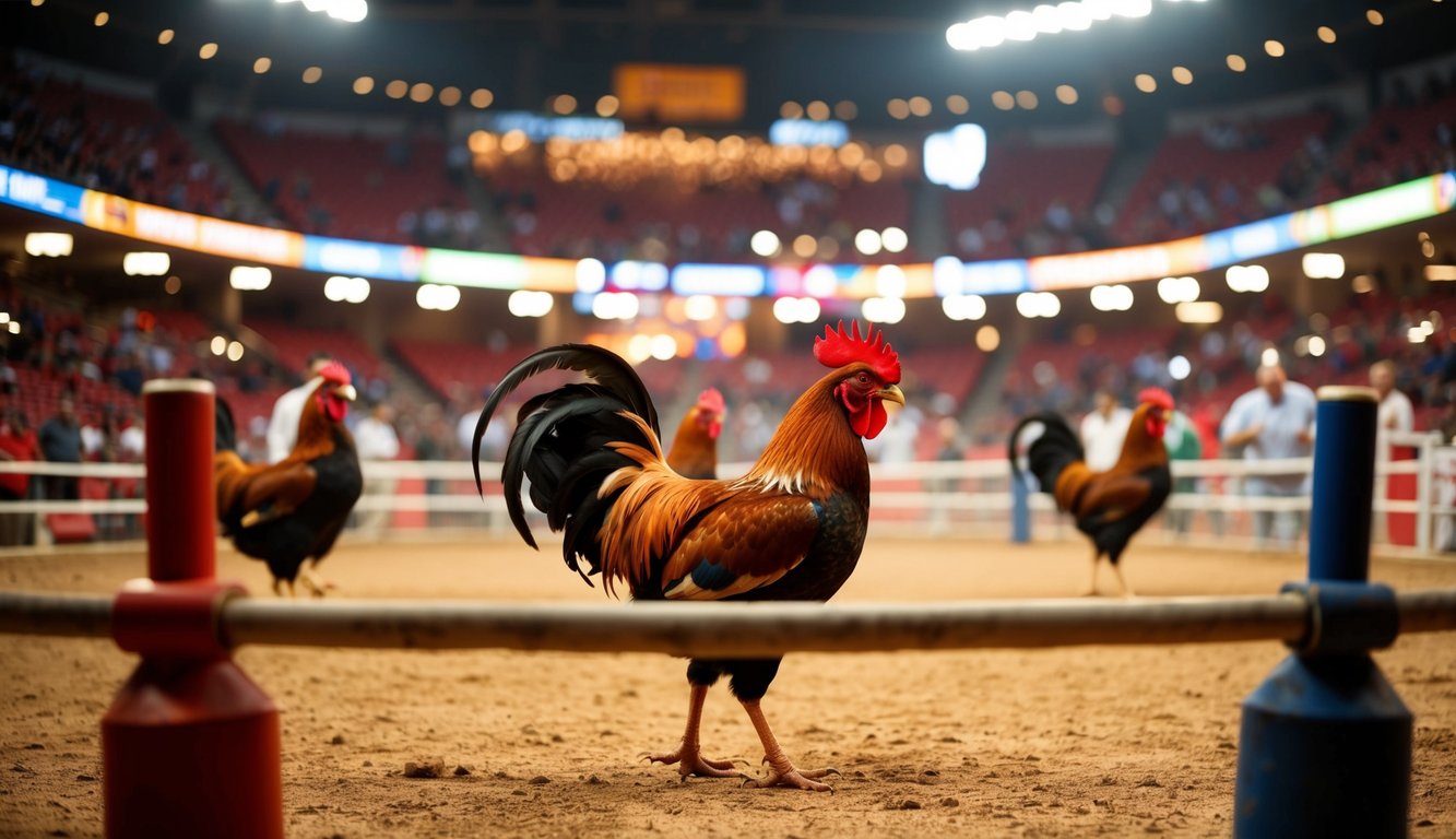 Sebuah arena sabung ayam online yang ramai dan penuh semangat dengan penonton yang bersorak dan ayam jantan yang garang di tengah ring