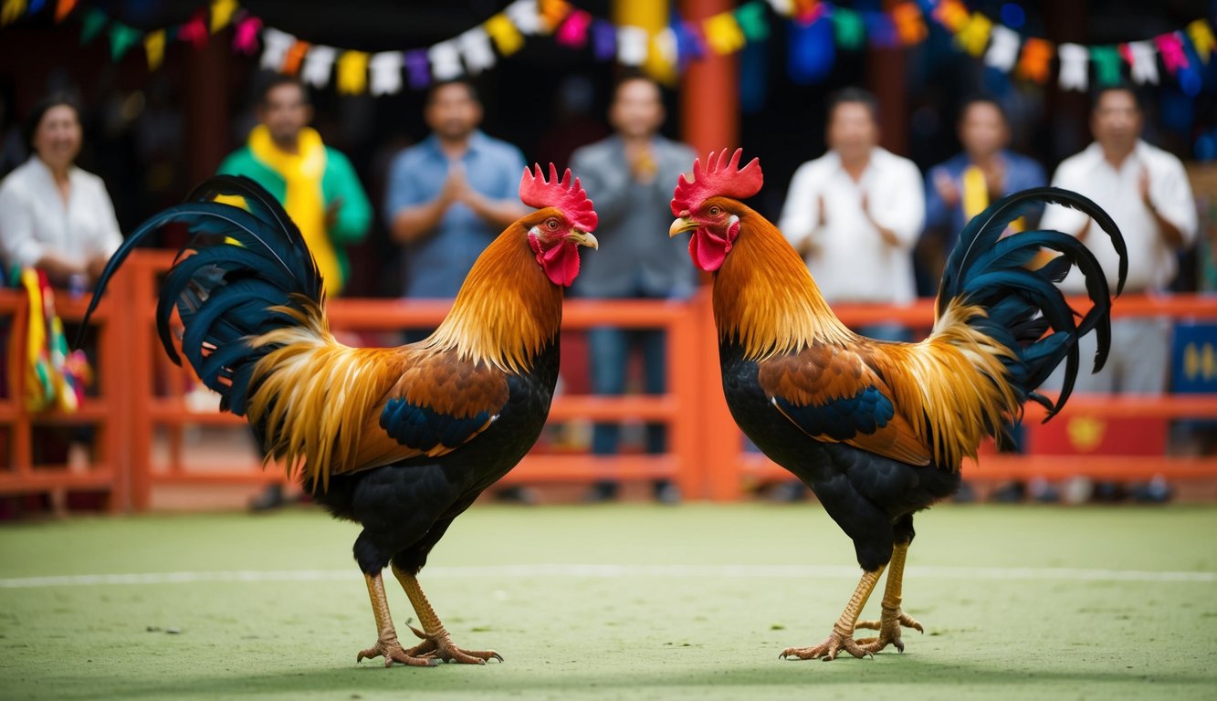 Dua ayam jantan berhadapan di arena sabung ayam tradisional, dikelilingi oleh penonton yang bersorak dan dekorasi berwarna-warni