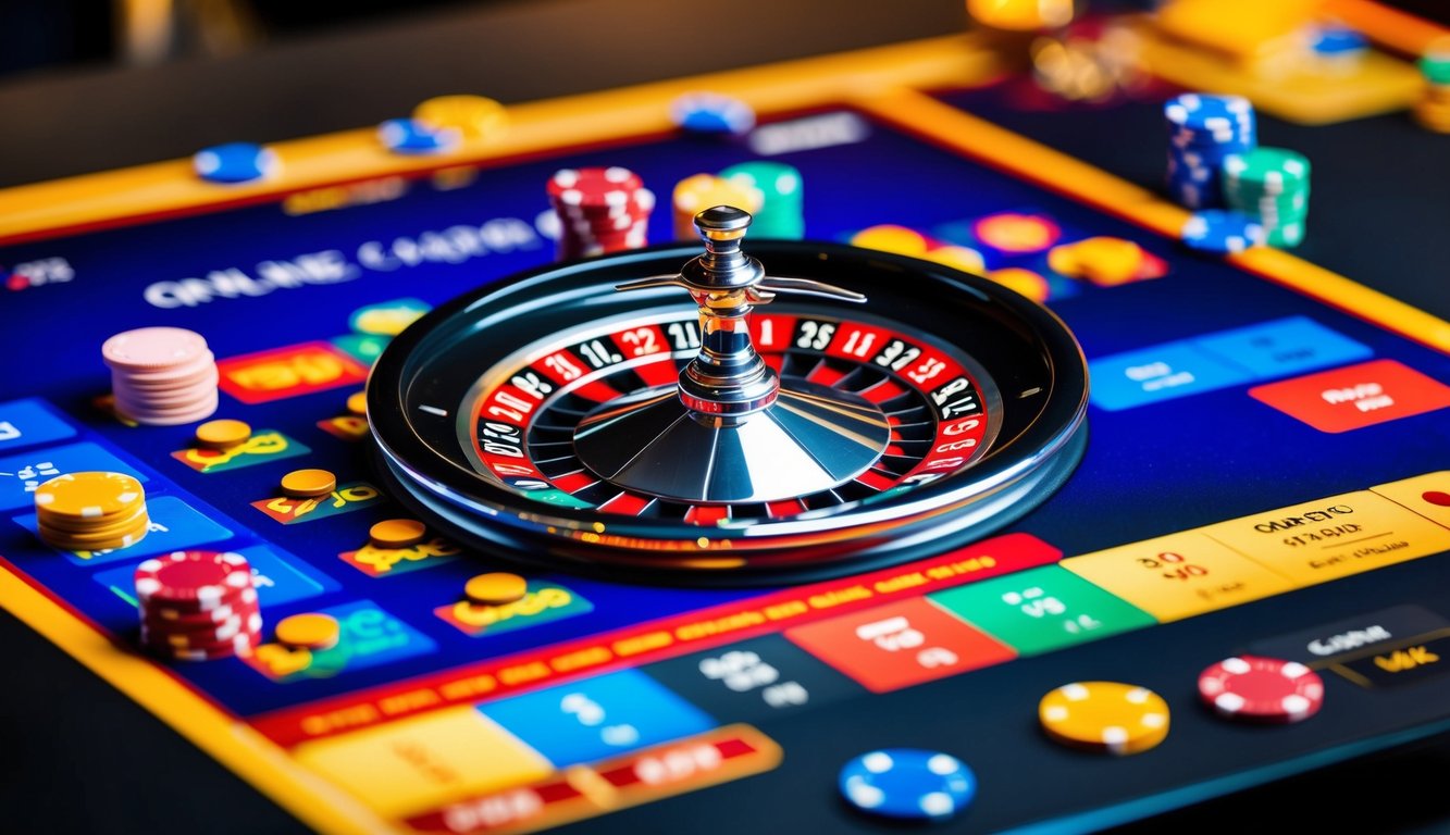 Roda roulette berputar di antarmuka kasino online yang cerah, dengan chip berwarna-warni tersebar di sekitarnya