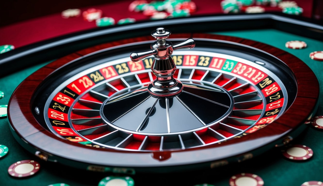 Roda roulette berputar dengan chip yang tersebar di sekitar meja