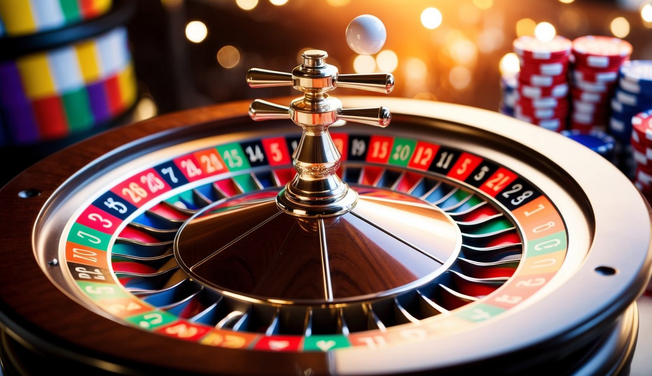 Roda roulette yang berputar dengan slot bernomor berwarna-warni dan bola putih kecil yang melompat-lompat