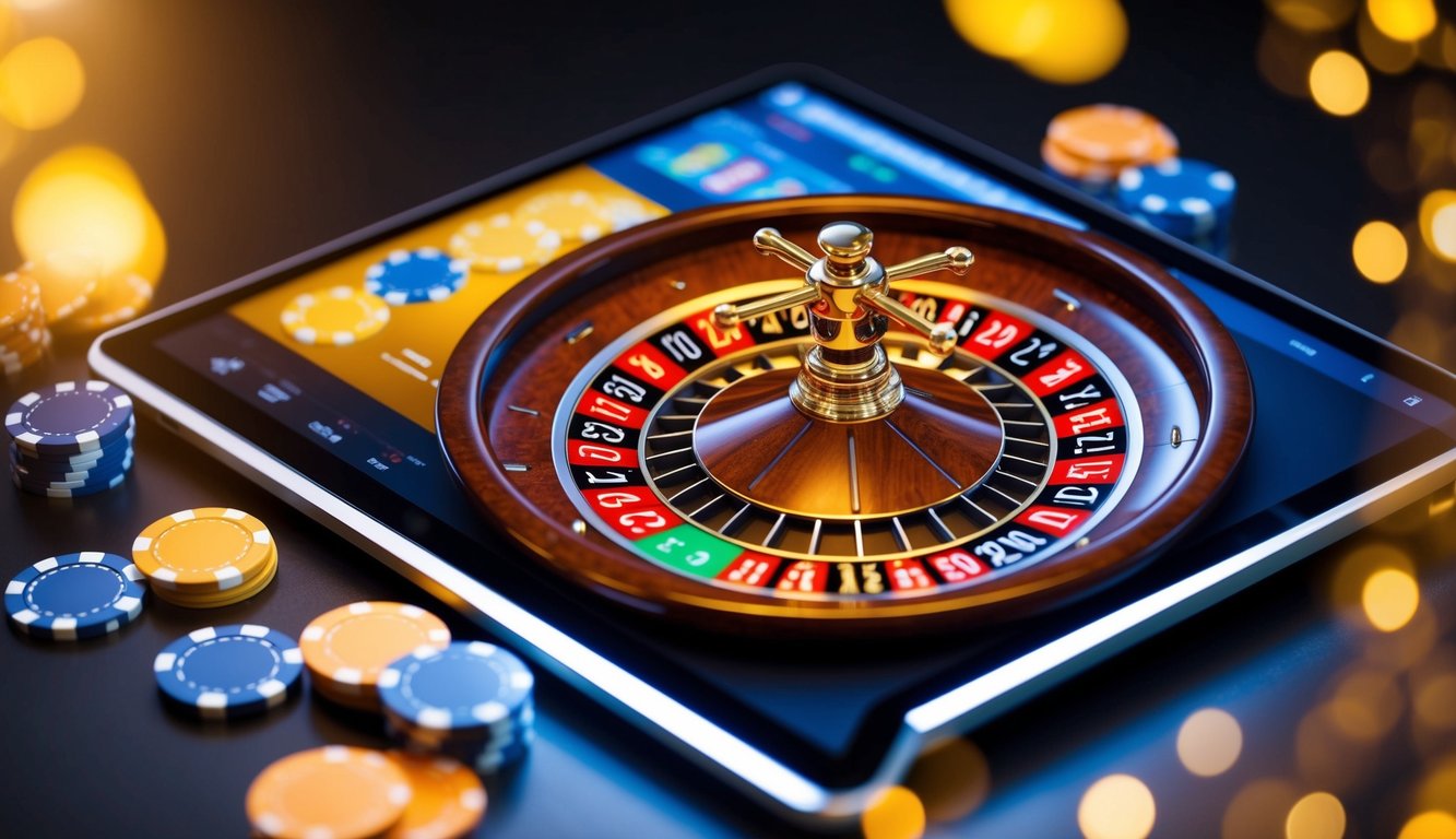 Roda roulette digital berputar di layar yang bercahaya, dikelilingi oleh chip virtual dan antarmuka yang ramping