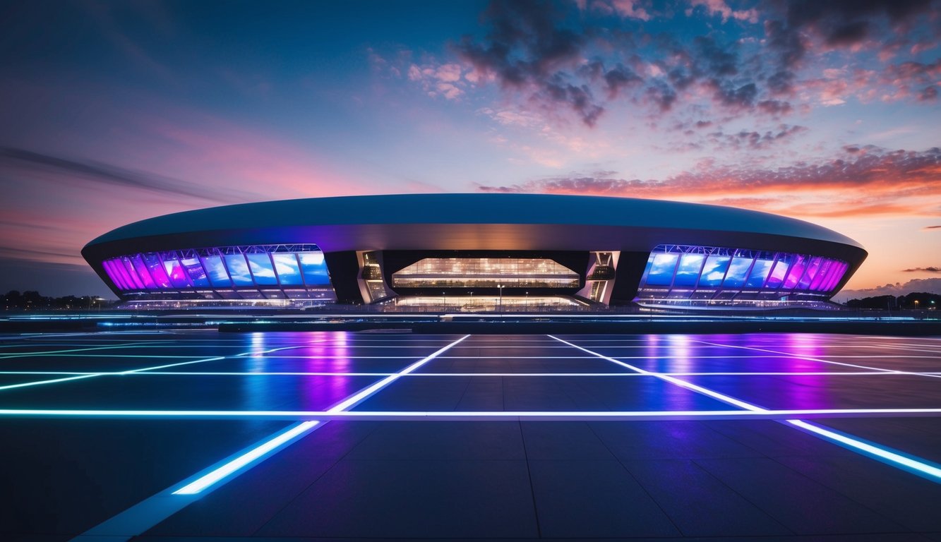 Sebuah stadion futuristik dengan desain ramping dan lampu yang cerah