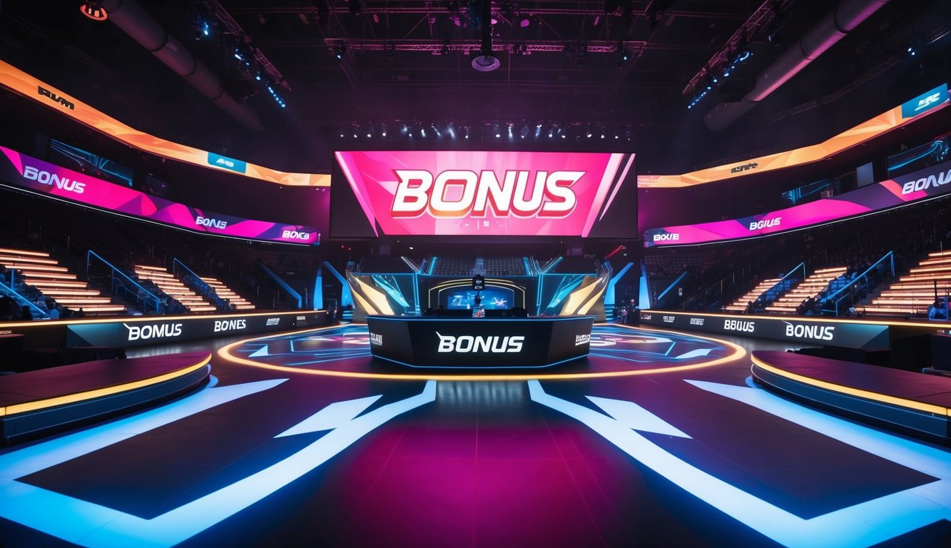 Sebuah arena esports yang hidup dengan grafik yang mencolok dan papan bonus besar