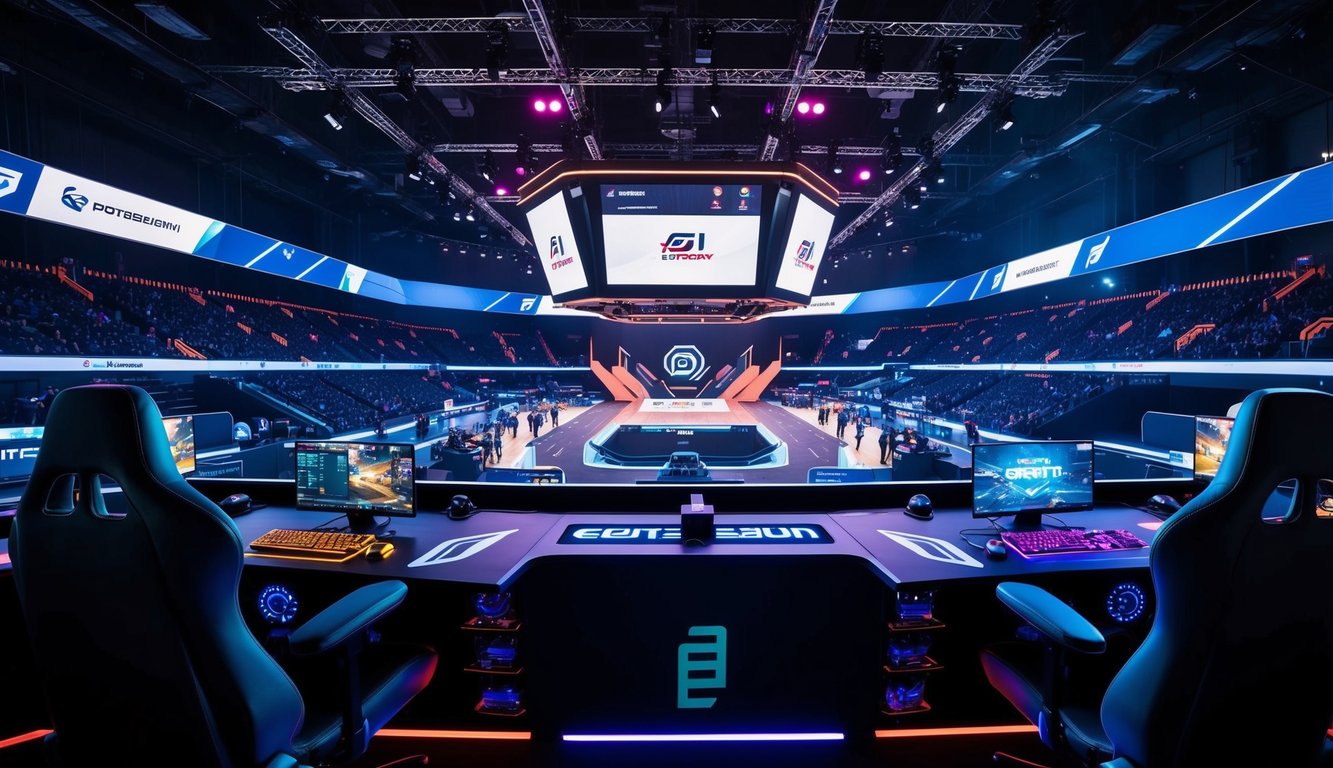 Arena permainan virtual futuristik dengan kompetisi esports yang intens