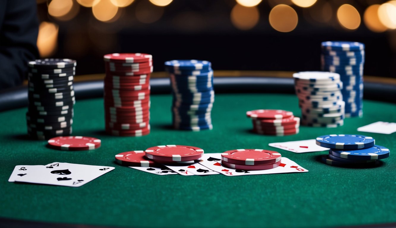 Sekelompok chip poker dan kartu tersebar di meja felt hijau, dengan tombol dealer dan tumpukan chip di latar belakang