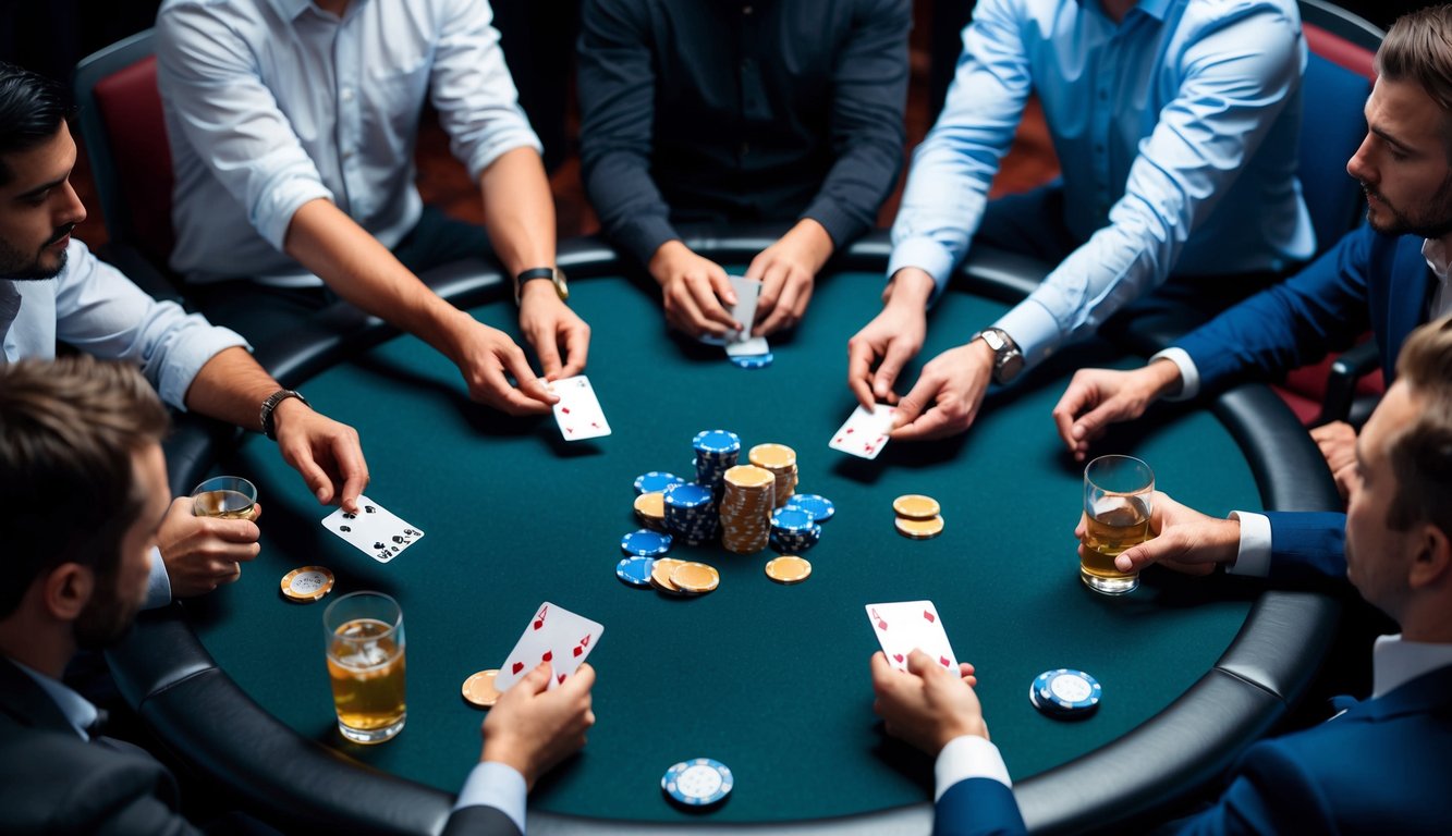 Sekelompok pemain berkumpul di sekitar meja, masing-masing memegang selembar kartu, dengan chip poker dan minuman tersebar di seluruh meja.