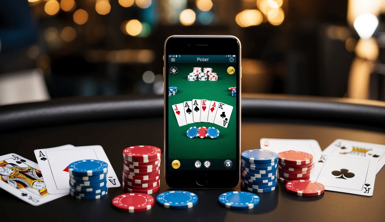 Sebuah smartphone yang menampilkan aplikasi permainan poker, dikelilingi oleh kartu permainan dan chip poker di atas meja