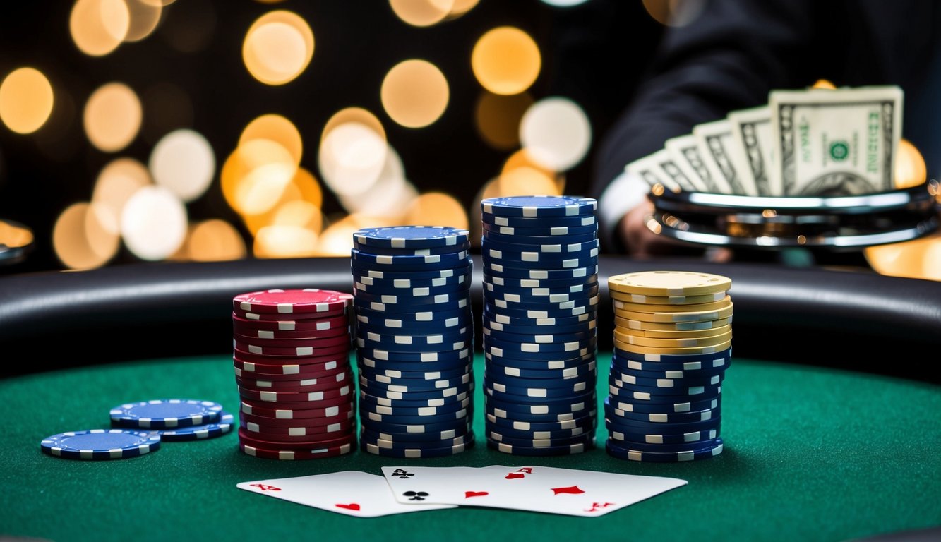 Sekelompok chip poker dan kartu yang disusun di atas meja felt hijau, dengan tombol dealer dan tumpukan uang tunai di latar belakang