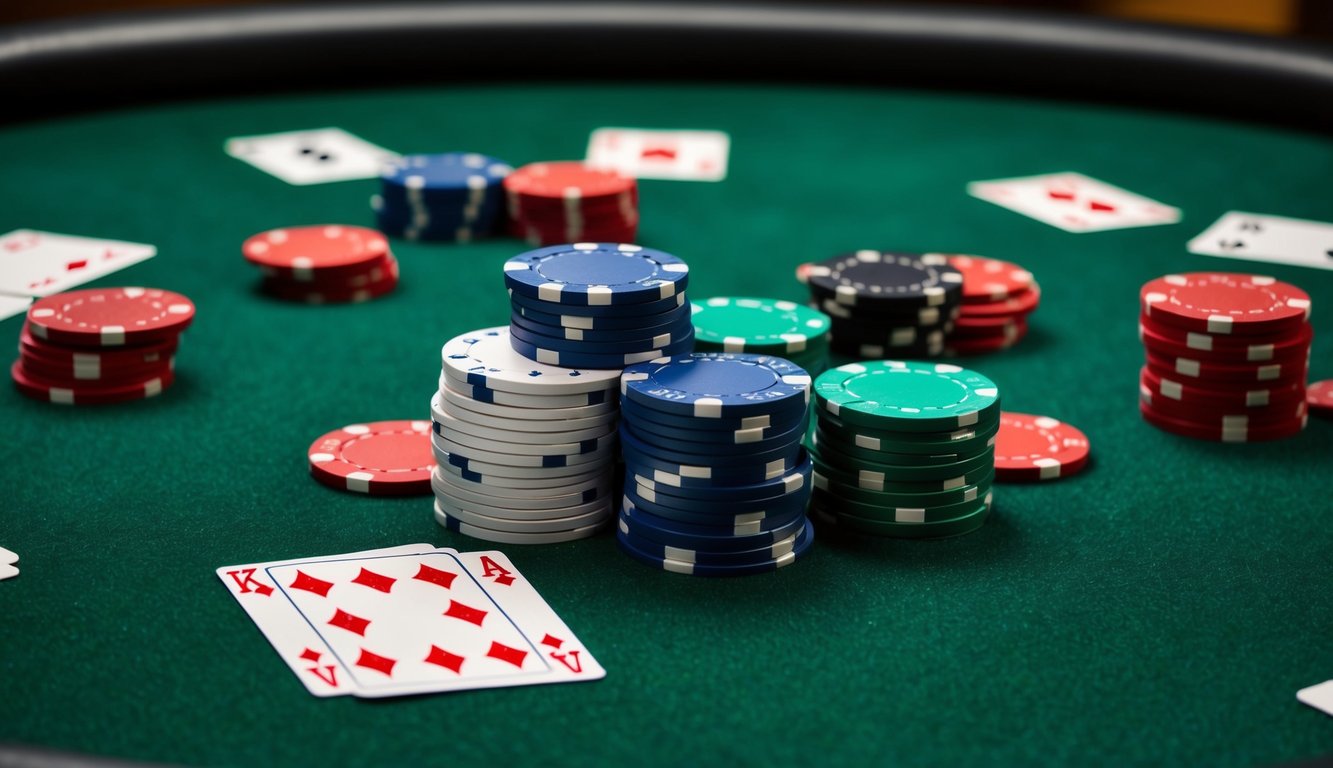 Sekelompok chip poker dan kartu bermain berserakan di atas meja felt hijau