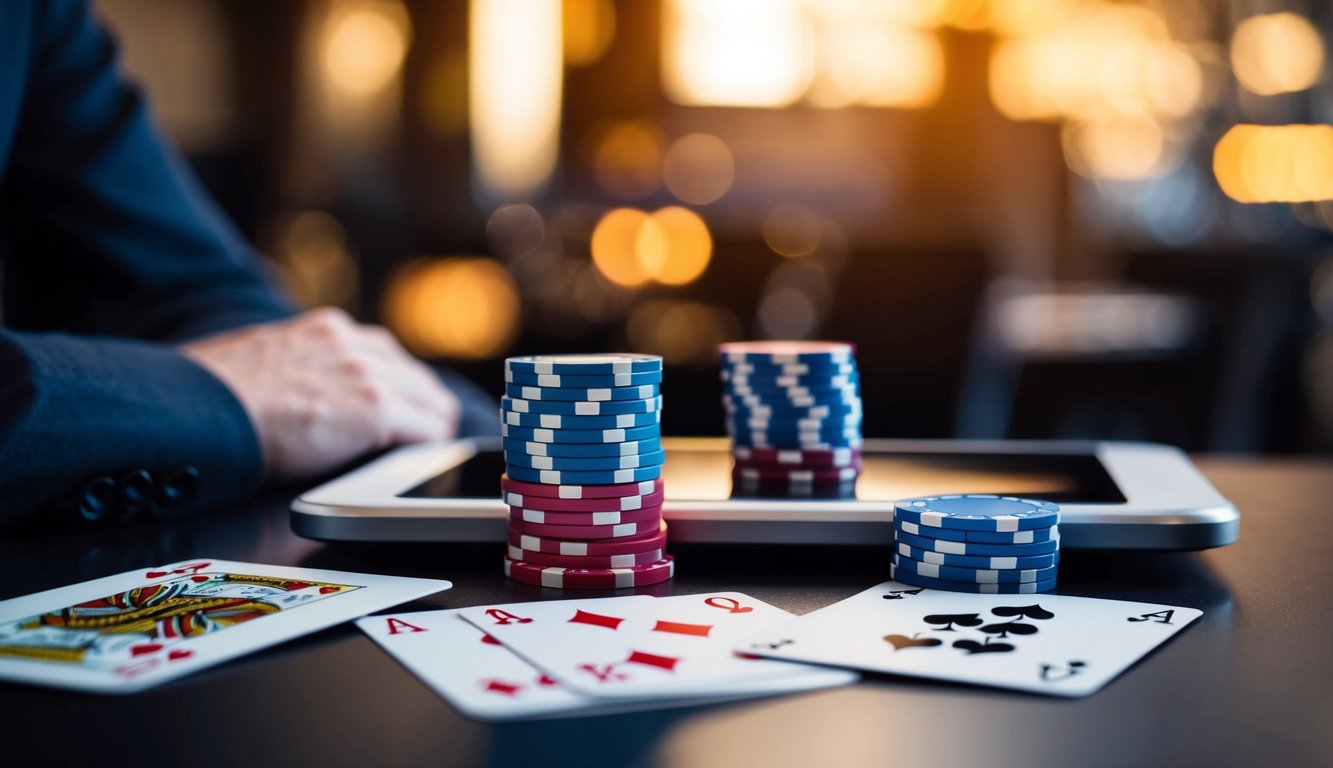 Sebuah perangkat digital dengan chip poker dan kartu di atas meja