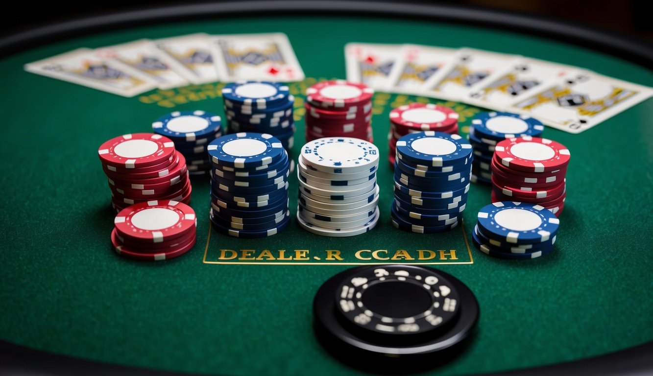 Sekelompok chip poker dan kartu yang disusun di atas meja felt hijau, dengan tombol dealer dan tumpukan uang tunai di latar belakang