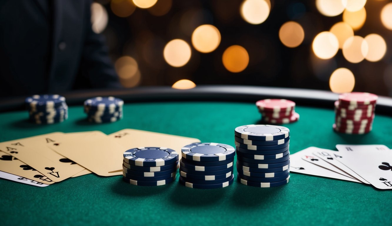 Sekelompok chip poker tersebar di atas meja felt hijau dengan kartu dan tombol dealer