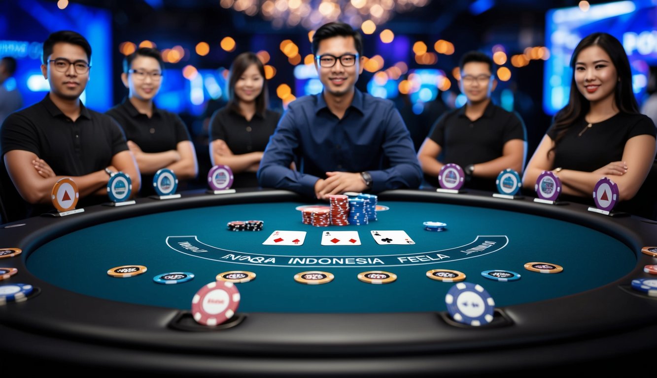 Sebuah meja poker digital dengan kartu dan chip, dikelilingi oleh avatar virtual pemain dari Indonesia