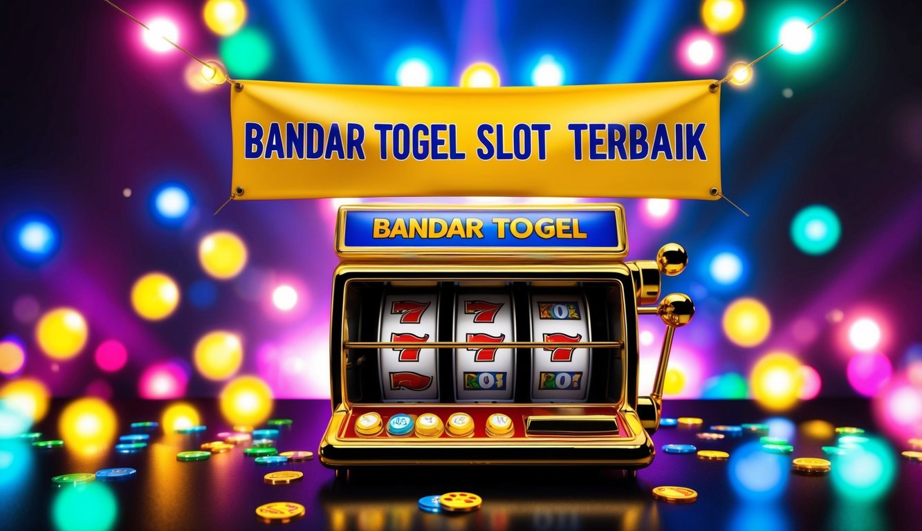 Sebuah mesin slot berwarna-warni dikelilingi oleh lampu terang dan simbol berkedip, dengan spanduk besar bertuliskan "Bandar Togel Slot Terbaik" di atasnya