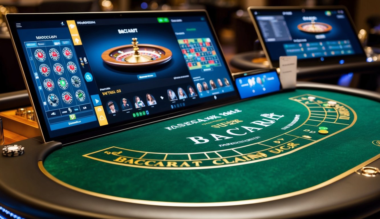 Sebuah meja kasino yang ramping dan modern dengan permukaan felt hijau dan tata letak baccarat yang elegan, dikelilingi oleh pemain virtual di antarmuka digital