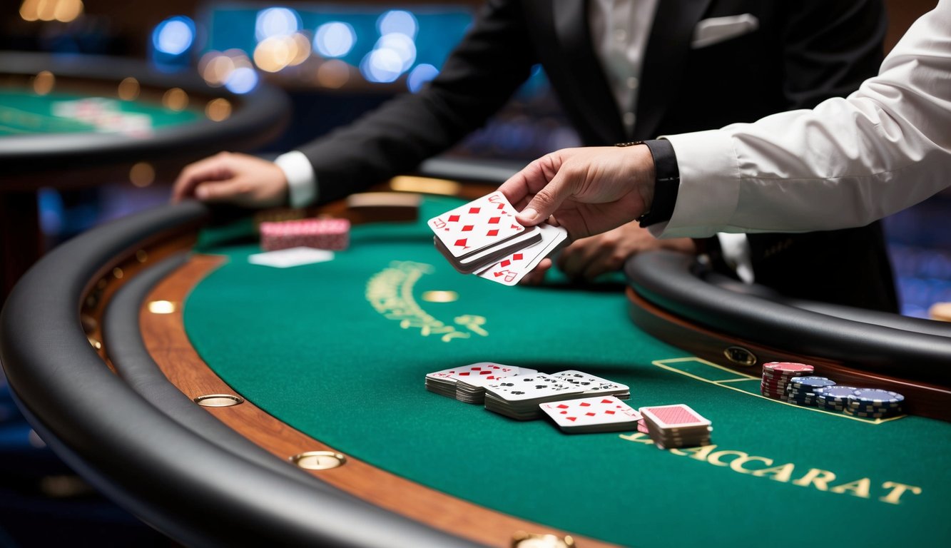 Sebuah meja kasino yang ramping dan modern dengan felt hijau dan setumpuk kartu baccarat yang sedang dikocok oleh seorang dealer profesional