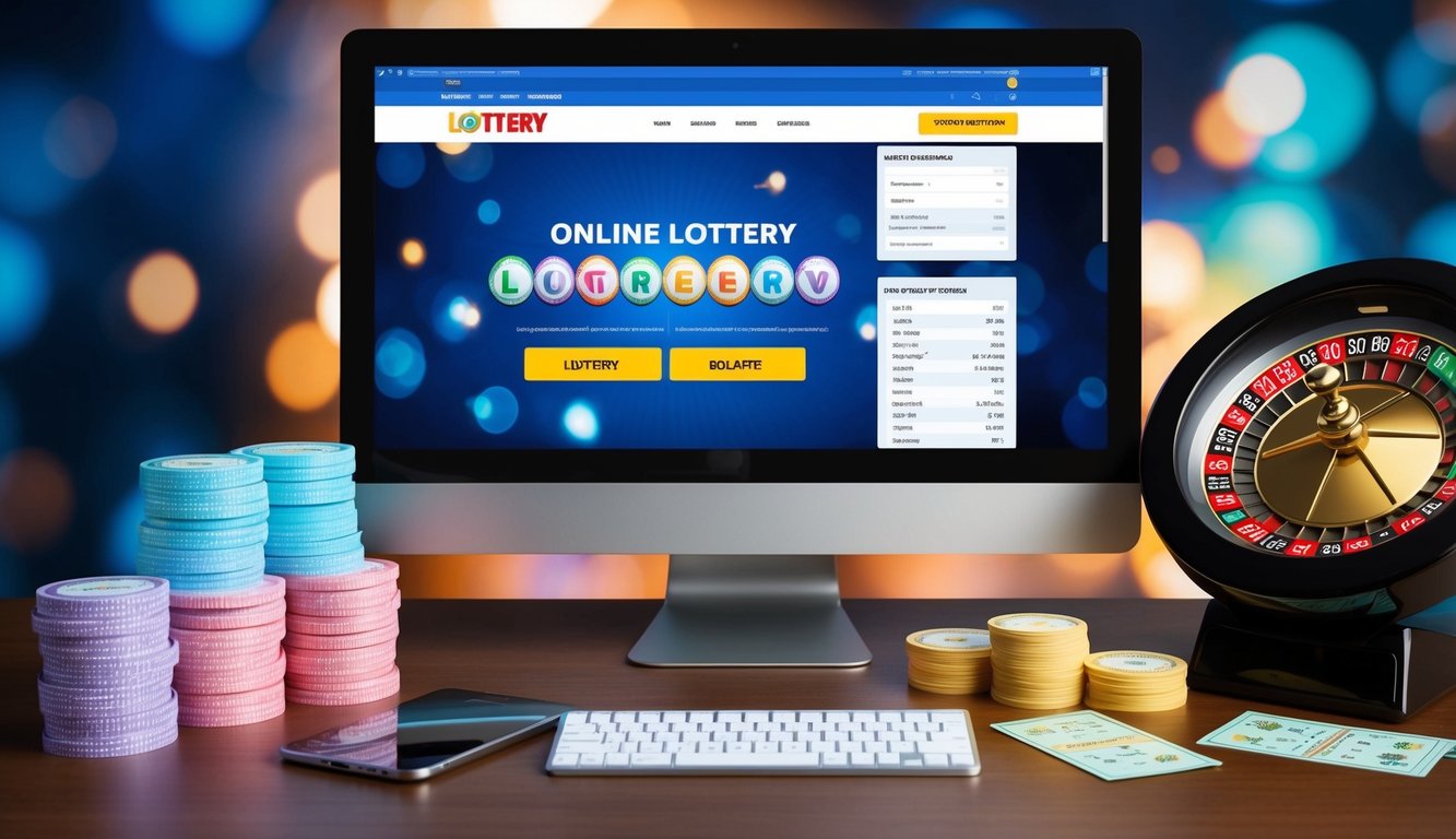 Sebuah layar komputer menampilkan situs web lotere online, dikelilingi oleh tumpukan tiket lotere berwarna-warni dan roda roulette yang bersinar dan berputar