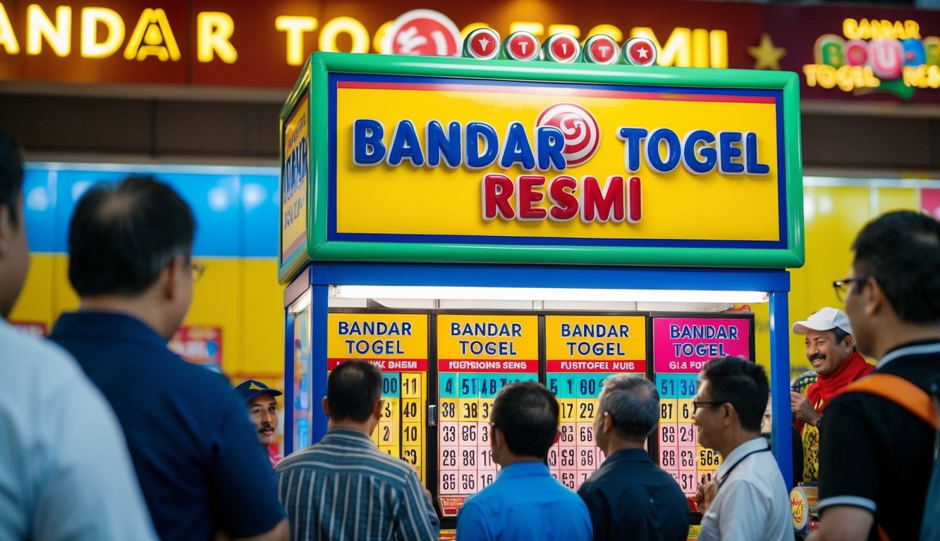 Sebuah stand tiket lotere yang berwarna-warni dan cerah dengan tanda "Bandar Togel Resmi" yang mencolok, dikelilingi oleh pelanggan yang antusias