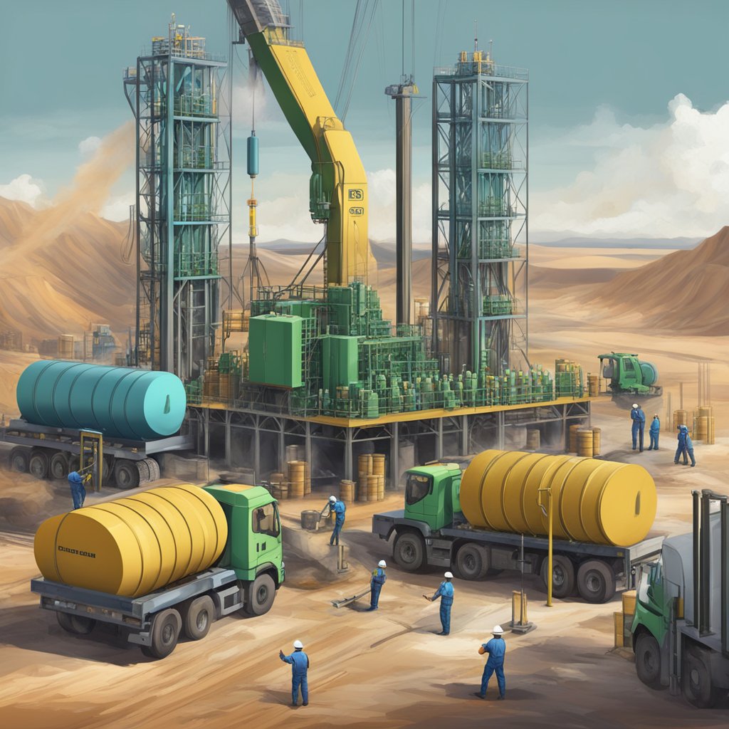 A drilling rig surrounded by barrels of zinc chloride anhydrous, with workers mixing it into the drilling fluid