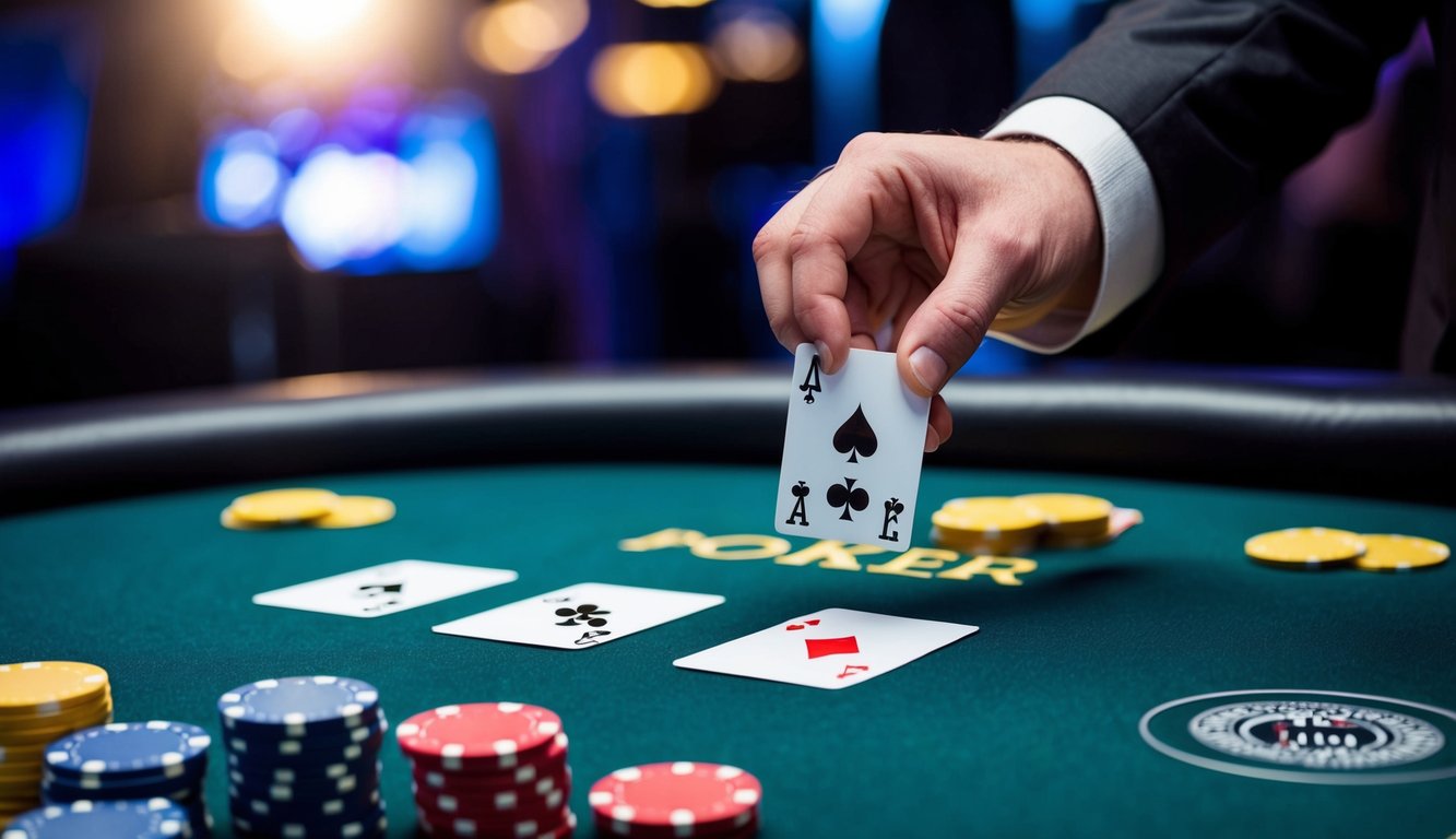 Sebuah meja poker dengan kartu, chip, dan tangan dealer yang membagikan selembar kartu