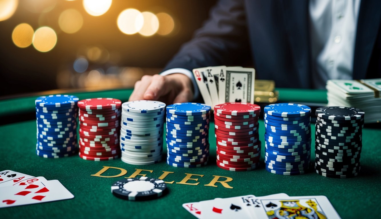 Sekelompok chip poker dan kartu yang disusun di atas meja felt hijau, dengan tombol dealer dan tumpukan uang tunai di latar belakang