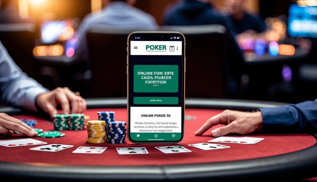 Meja poker dengan kartu, chip, dan perangkat digital yang menampilkan situs web poker online